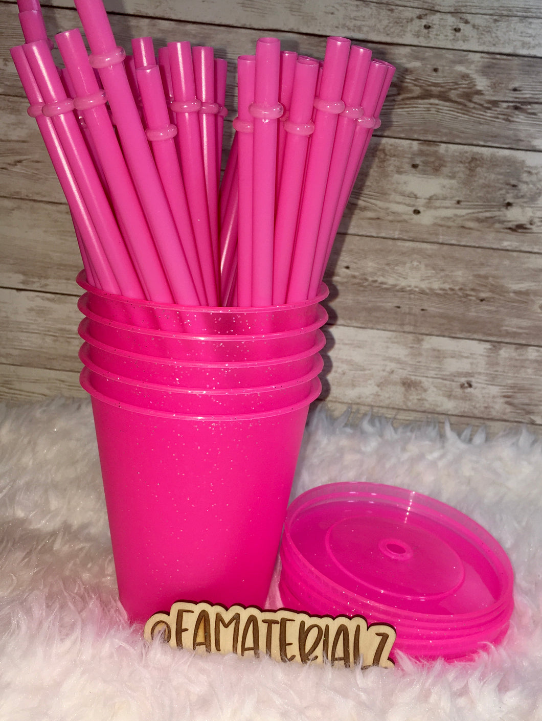 16oz Glitter Neon Pink Plastic cups (Set of 5)